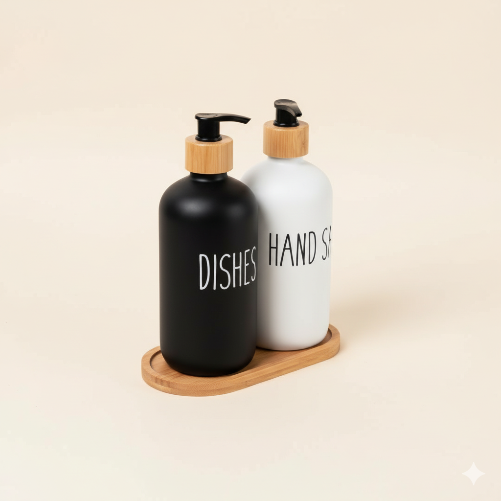 Chic Soap Dispenser Set with Bamboo Tray - 500ml Bottles
