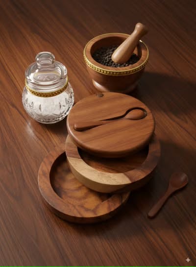 Handcrafted Sarsoaa Wood Spice Box with Swivel Lid & Spoon