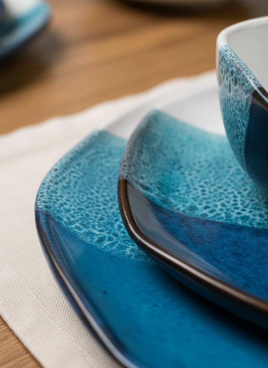 Close-up of the textured reactive glaze on a durable, high-quality stoneware plate and bowl.