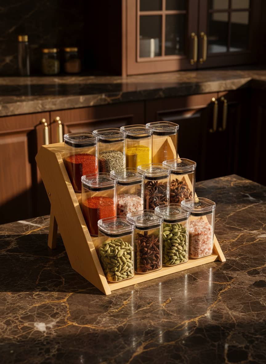 3-Tier Wooden Spice Rack with 12 Jars - Kitchen Organizer