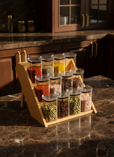 3-Tier Wooden Spice Rack with 12 Jars - Kitchen Organizer
