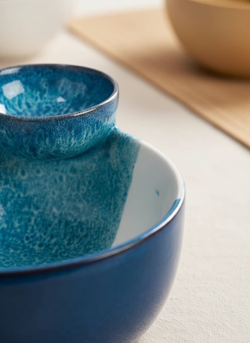 Close-up of the smooth, durable glaze on a handcrafted ceramic snack and dip bowl.