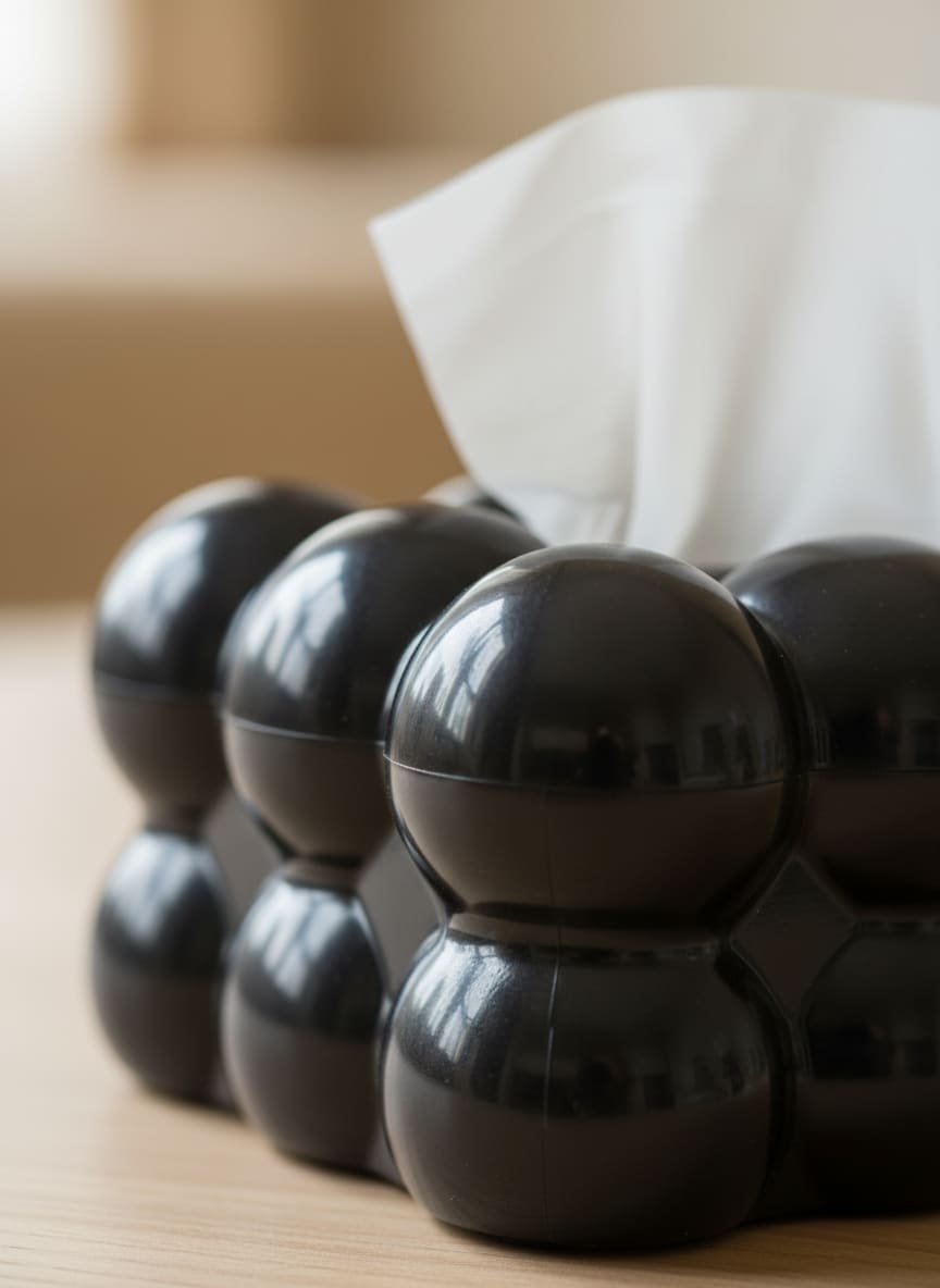 Close-up of the smooth, glossy spherical design on the durable black plastic tissue box holder.