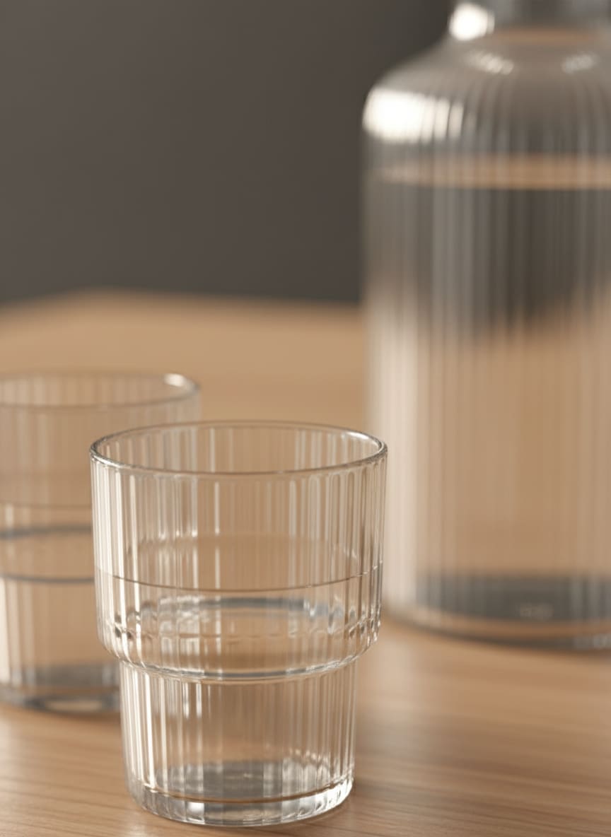 Close-up of the vertical rib texture on the crystal-clear glass carafe, ensuring a comfortable, non-slip grip.