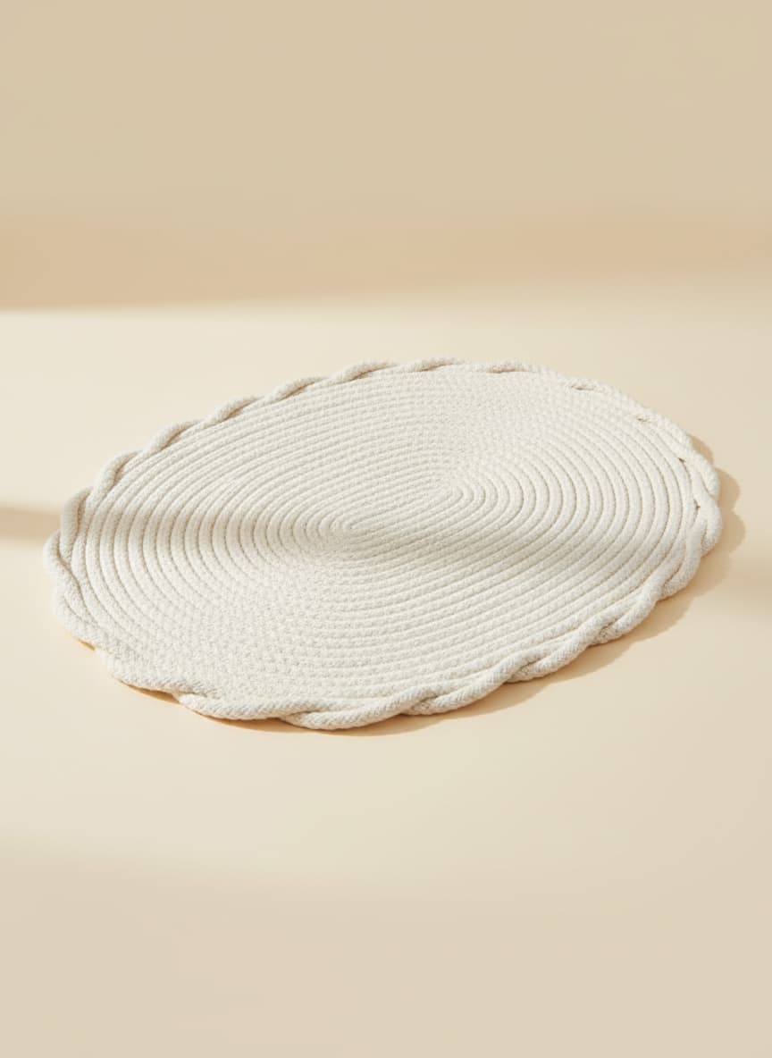 Large 30cm ivory white braided cotton trivet for protecting dining tables from hot pots.