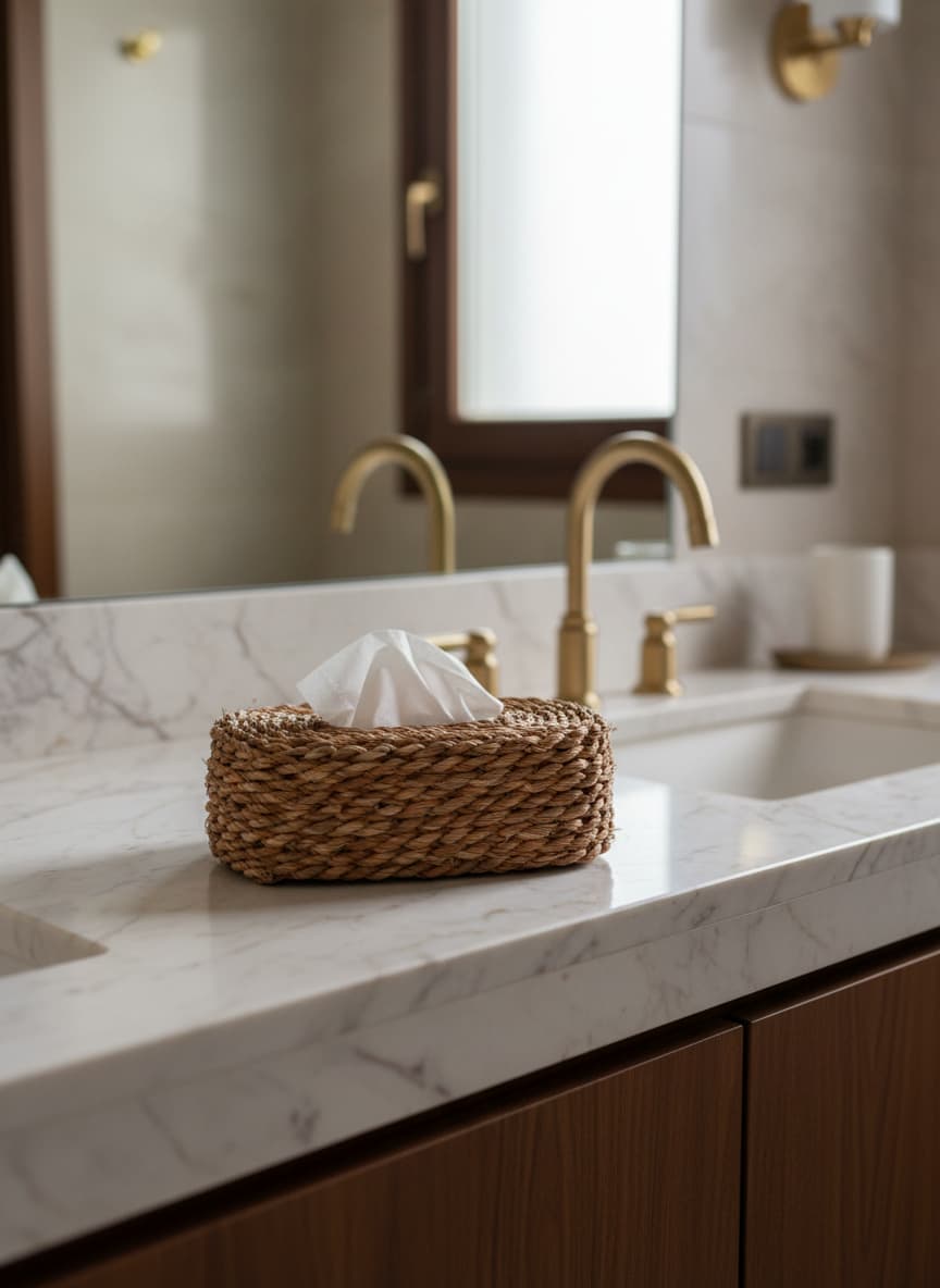 Elegant handcrafted esparto grass tissue dispenser, a sophisticated and organic accent for upscale home interiors.