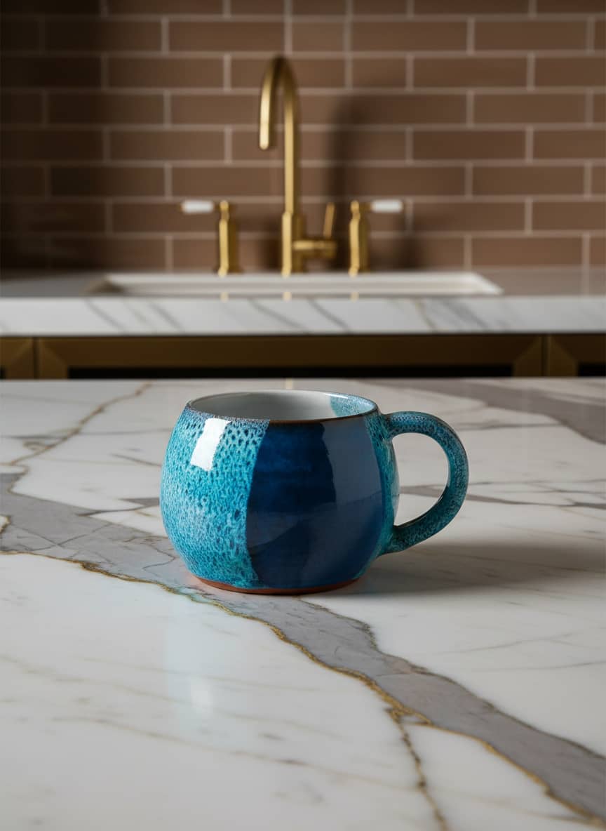 Artisan-crafted ceramic mug featuring a deep navy and aqua glaze, an elegant addition to any kitchen.