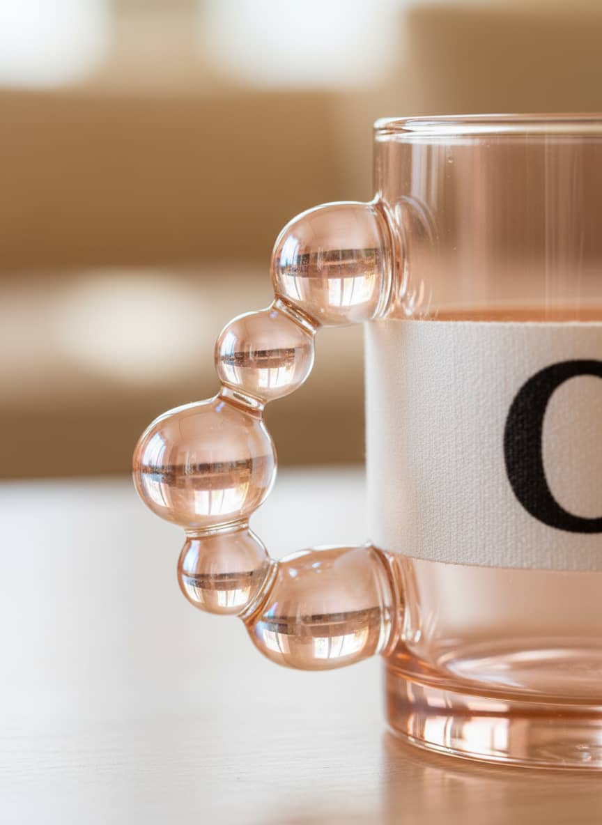 Close-up of the durable borosilicate glass and intricately crafted pearl bead handle on a chic pink mug.
