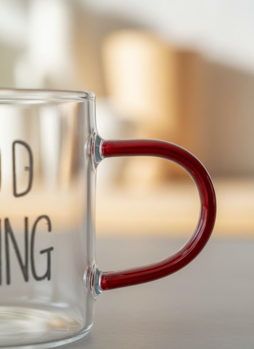 Close-up of the heat-resistant borosilicate glass and bold 'Good Morning' text on the mug.