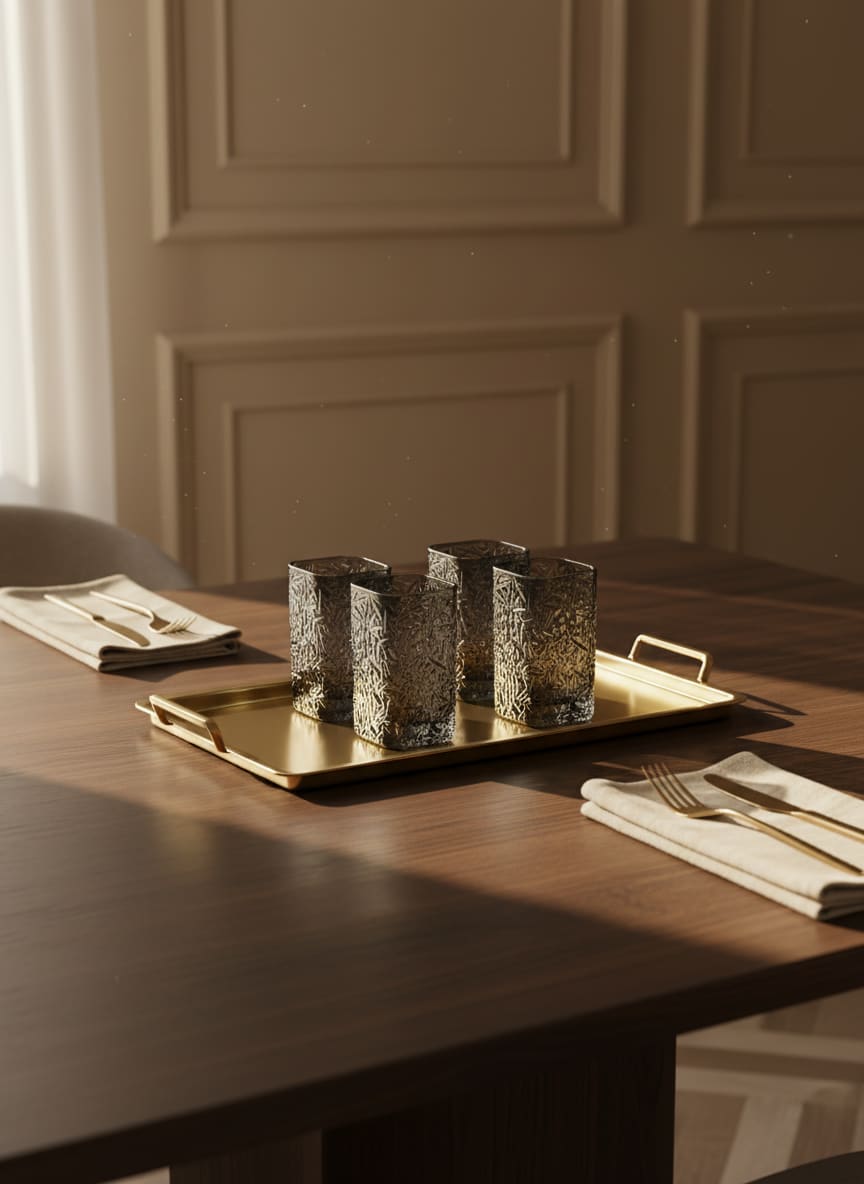 Elegant collection of six smoke-tinted glass tumblers showcasing a sophisticated, contemporary textured design.