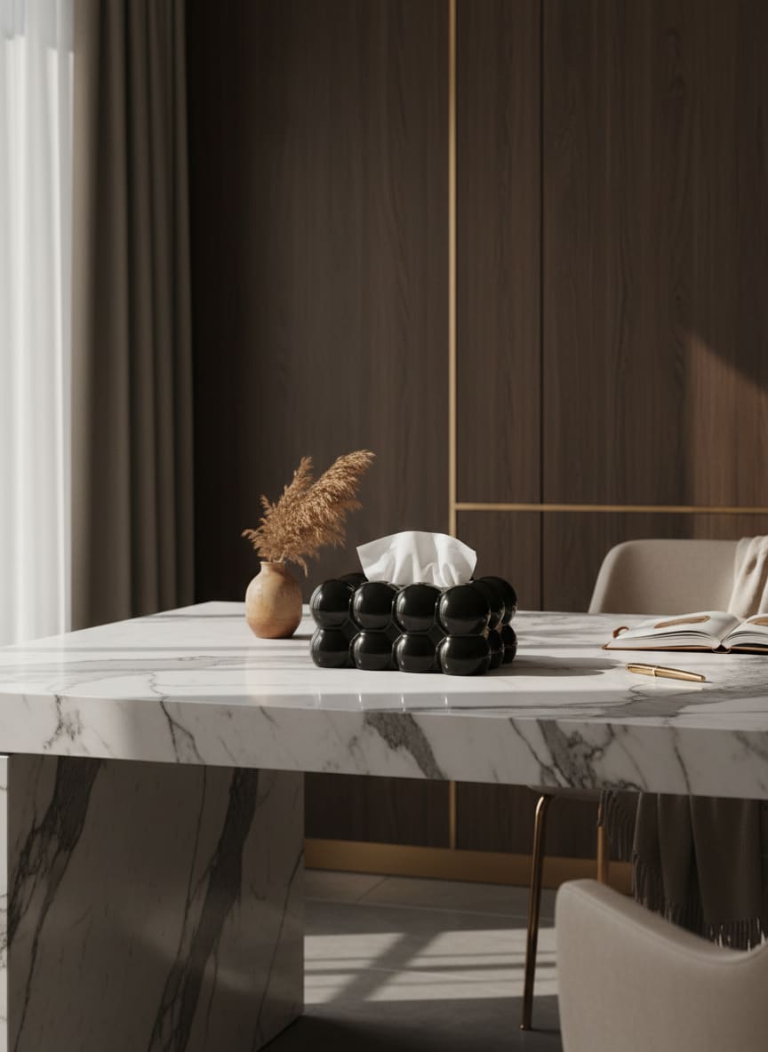 Elegant sculptural black tissue box cover with a glossy finish, a premium home decor accent.