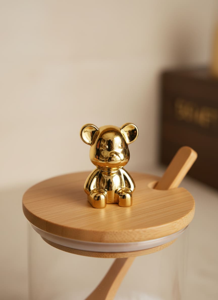 Close-up of a high-quality glass jar with a durable bamboo lid and a decorative, shiny golden bear knob.