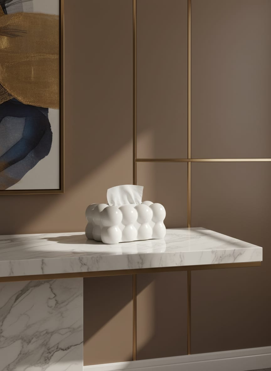Elegant sculptural tissue dispenser in a glossy white finish, a premium accent for modern interiors.