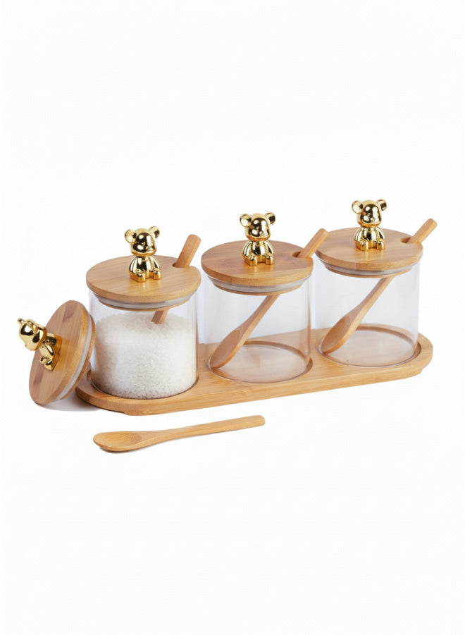 3?Piece Glass Spice Jar Set with Bamboo Lids & Spoons – Bear Knobs + Bamboo Tray