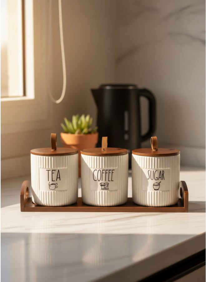 porcelain Canister Set for Tea, Coffee & Sugar with Wood Lids - Kitchen Organizer