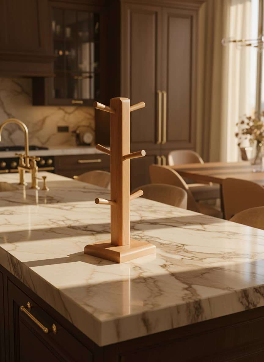 Premium solid wood mug tree with a smooth, natural finish for stylish countertop display.