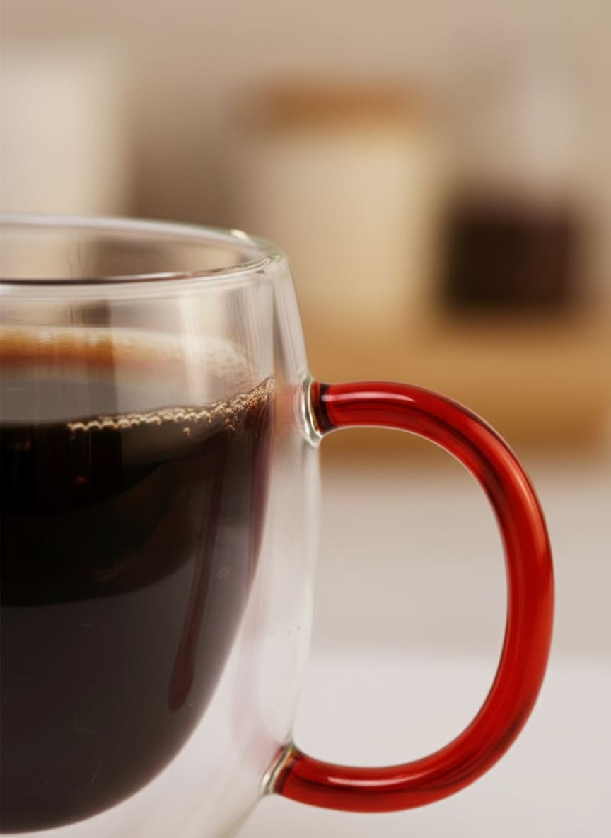 Close-up of the durable, heat-resistant double-wall glass construction and comfortable red ergonomic handle.