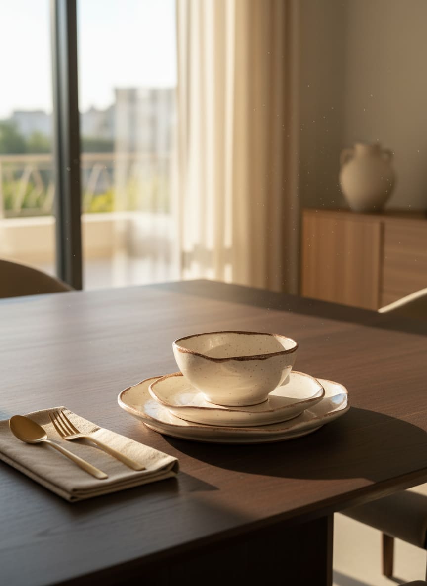Complete cream stoneware place setting for an elegant family dinner in Egypt.