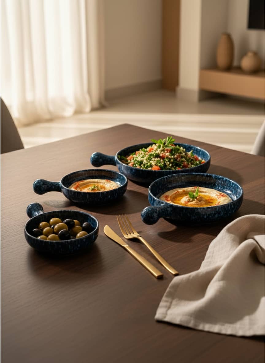 3-Piece Speckled Blue Pottery Serving Set with Handles