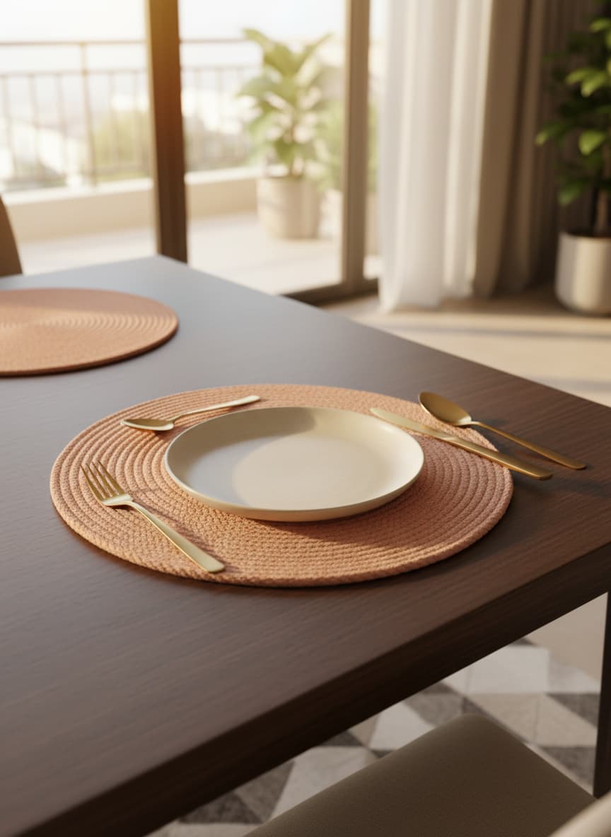 A stylish camel-colored cotton placemat set for a family dinner or Ramadan Iftar table in Egypt.