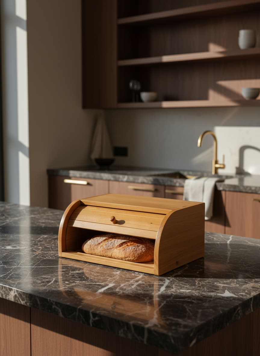Natural Beech Wood Roll-Top Bread Box for Fresh Bread