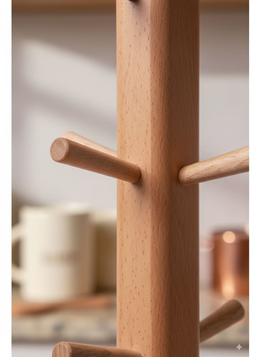 Close-up of the sturdy construction and smoothly sanded pegs of the wooden mug holder.