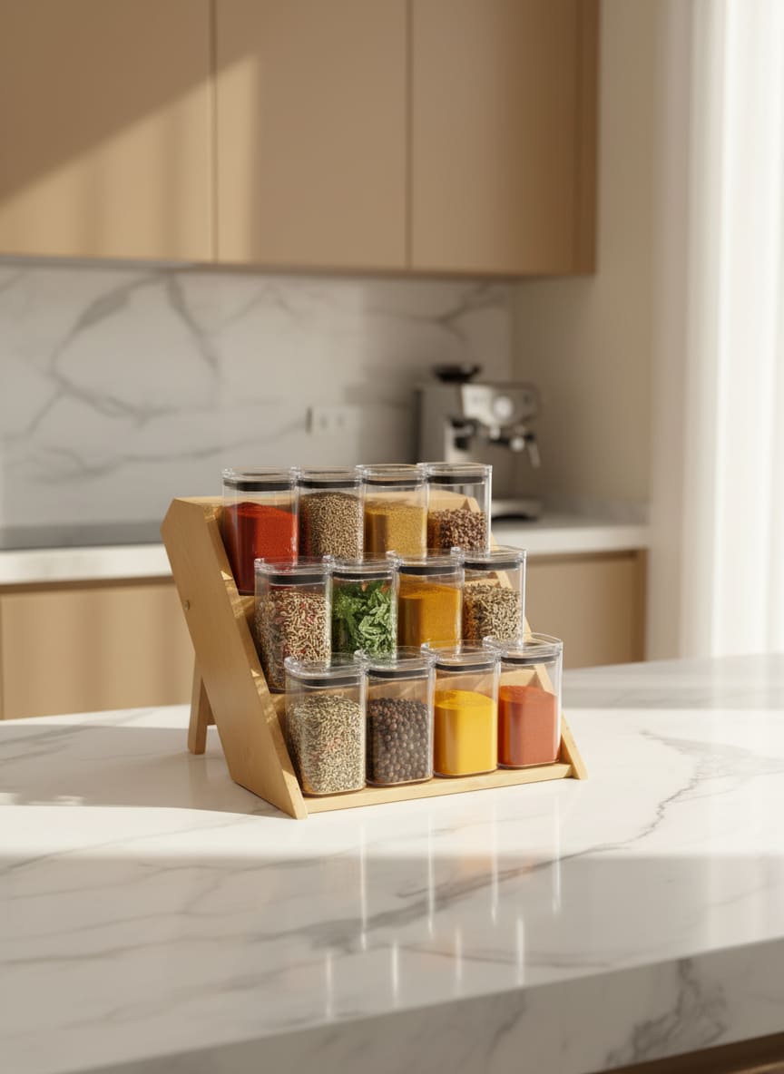 3-Tier Wooden Spice Rack with 12 Jars - Kitchen Organizer