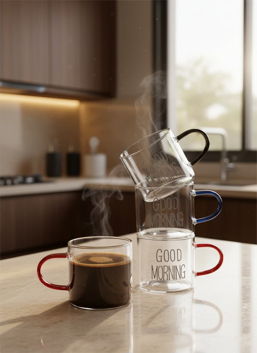 Enjoying a morning coffee in a stylish Good Morning glass mug in a modern Egyptian home.