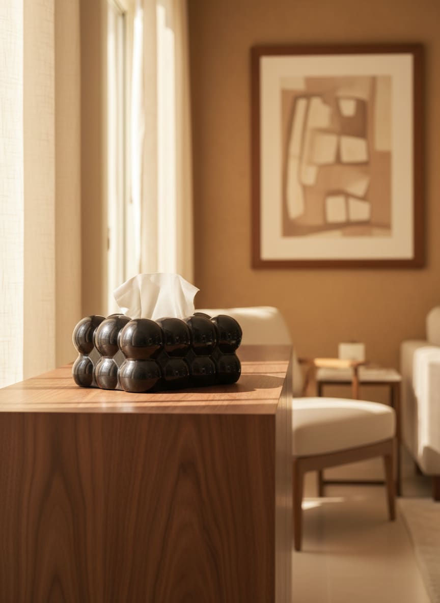 A stylish black bubble tissue box adding a touch of modern decor to a living room side table in Egypt.