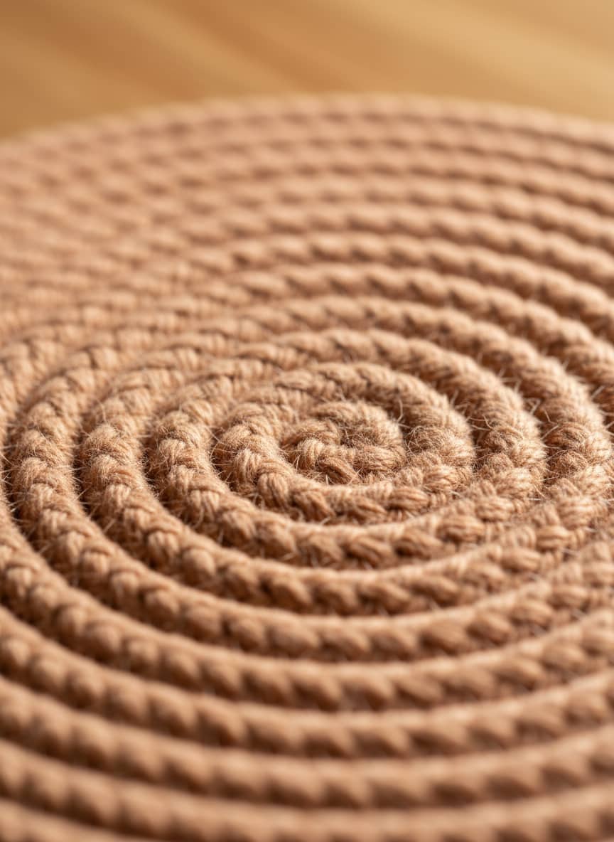 Close-up view of the thick, durable braided cotton weave of a round table placemat.