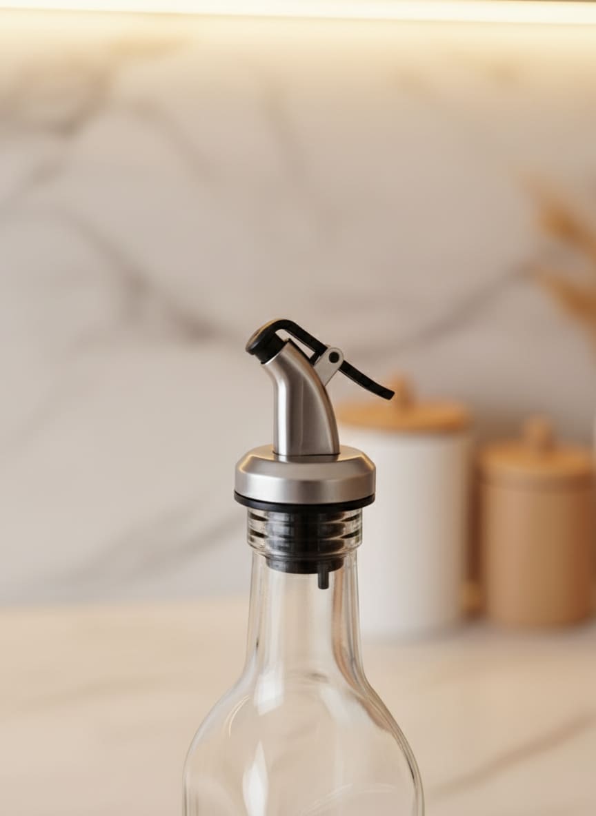 Close-up of the stainless steel pour spout and airtight spoon-in-lid design, ensuring freshness and quality.