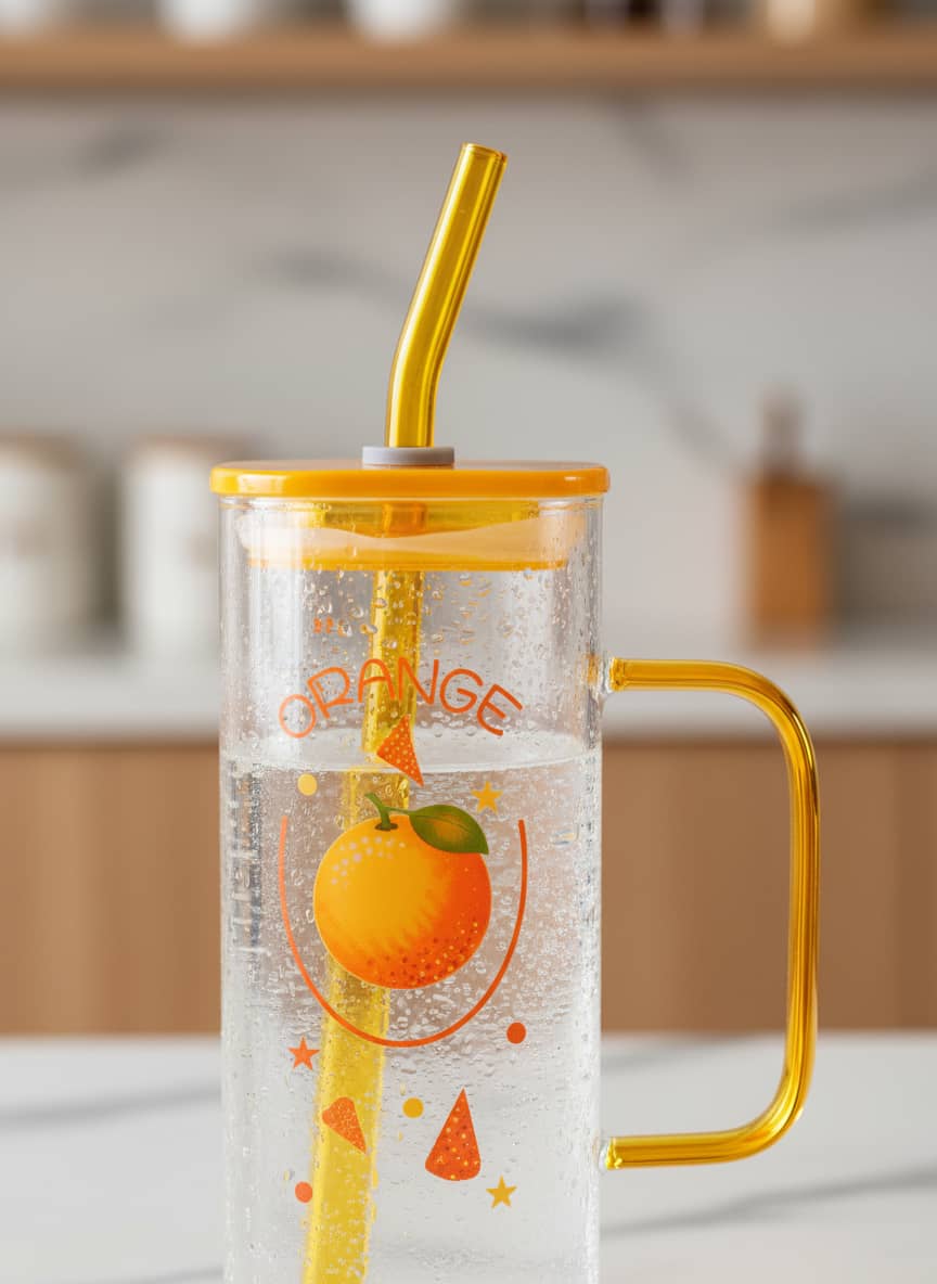 Close-up of the durable glass, secure screw-top lids, and reusable straws on the fruit-themed tumbler set.