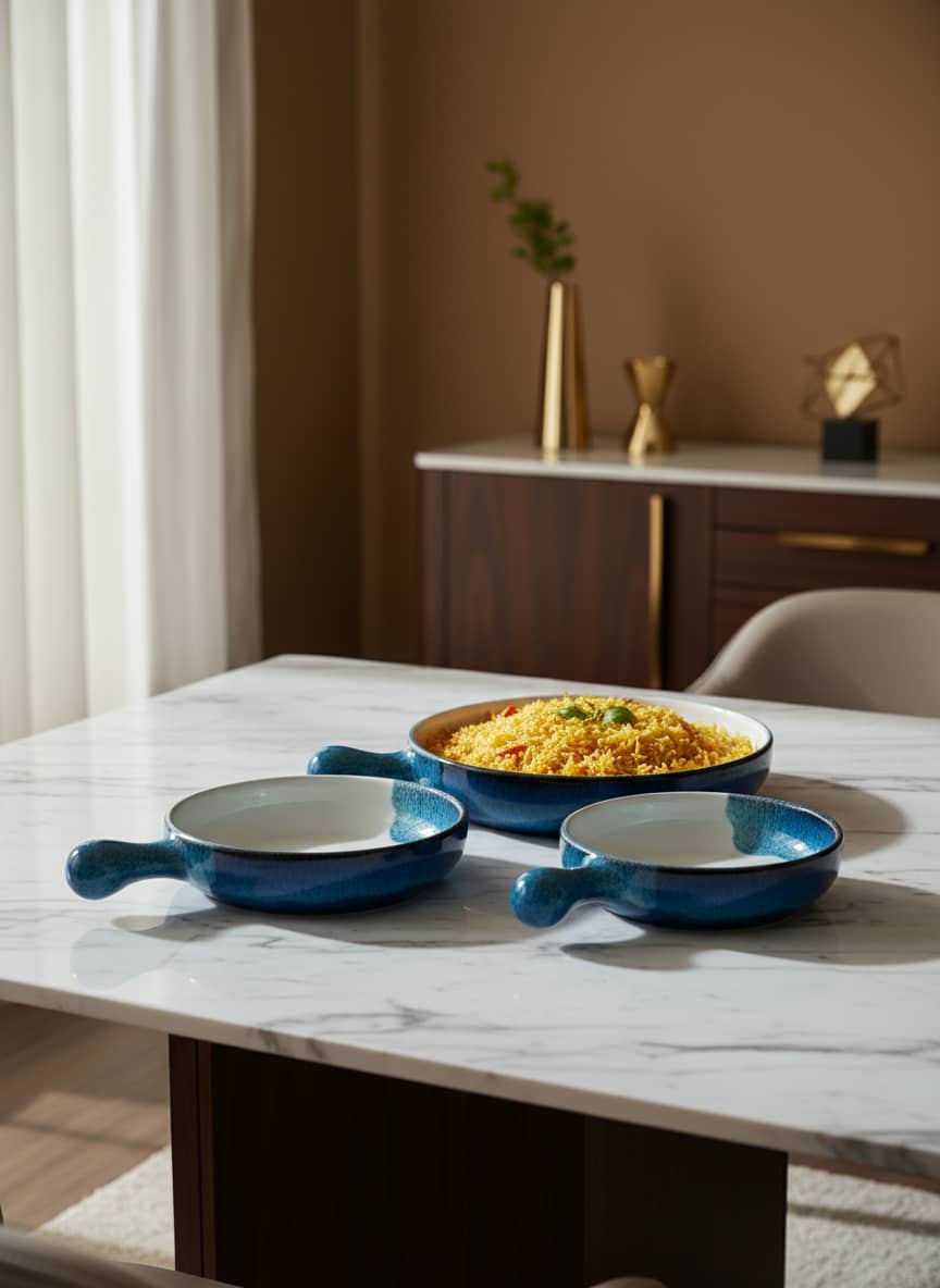 Ocean Blue Pottery Serving Pan Set with Handles (Set of 3)