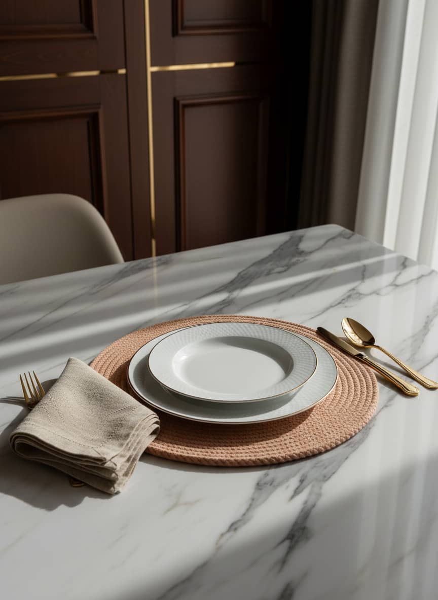 Elegant handcrafted-style braided placemat adding a touch of rustic sophistication to any dining set.