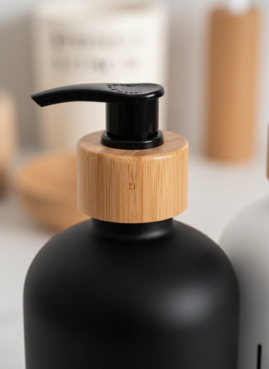 Close-up of the durable, smooth-action black pump and natural grain bamboo top on the soap dispenser bottle.
