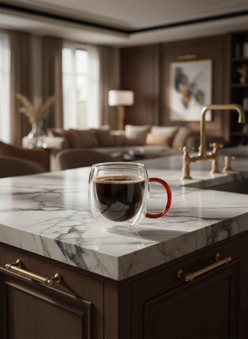 Elegant borosilicate glass mug with a striking red handle, showcasing the rich color of fresh coffee.