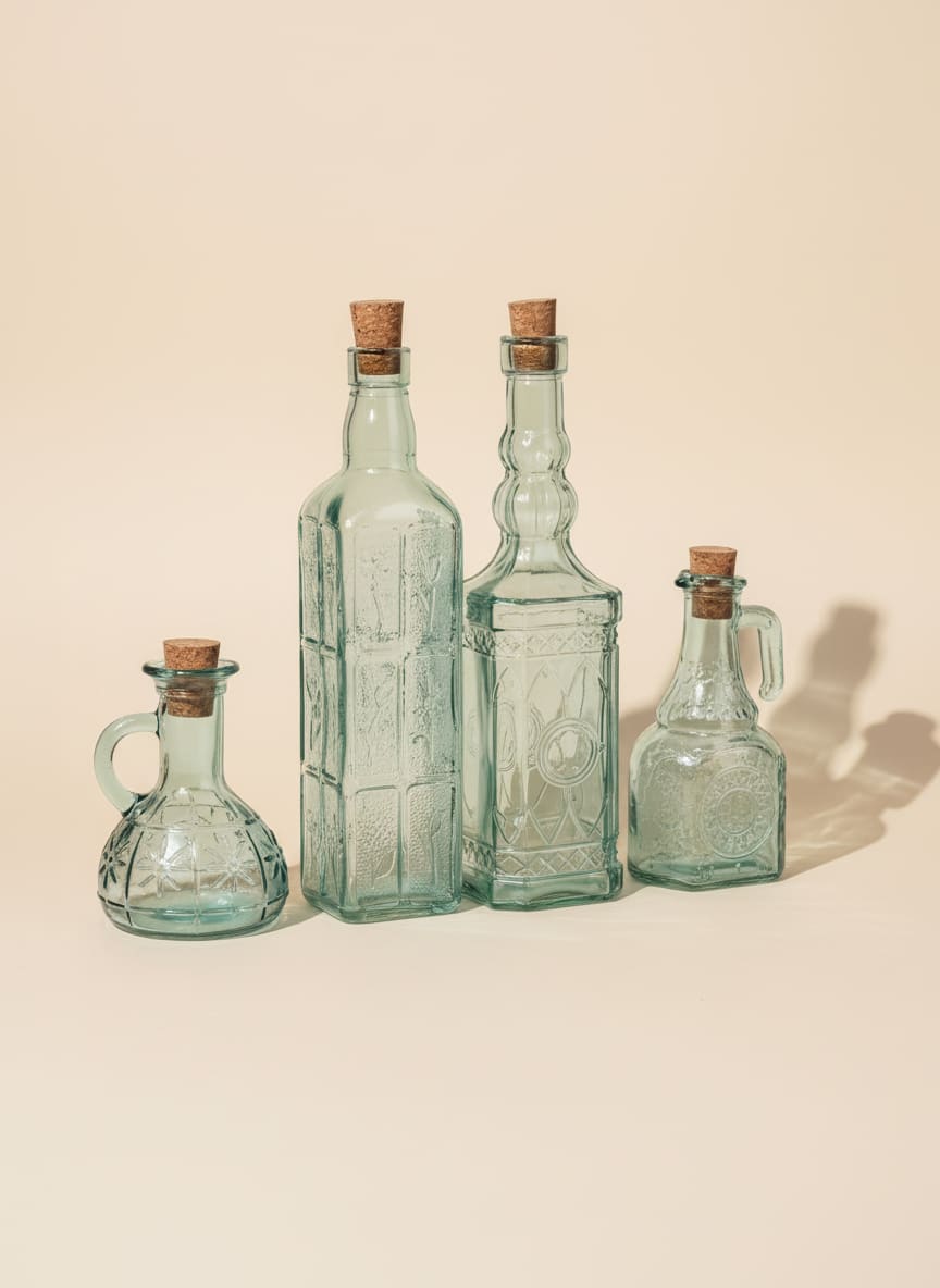 Embossed Glass Bottle Set with Cork Stoppers (4-Piece)