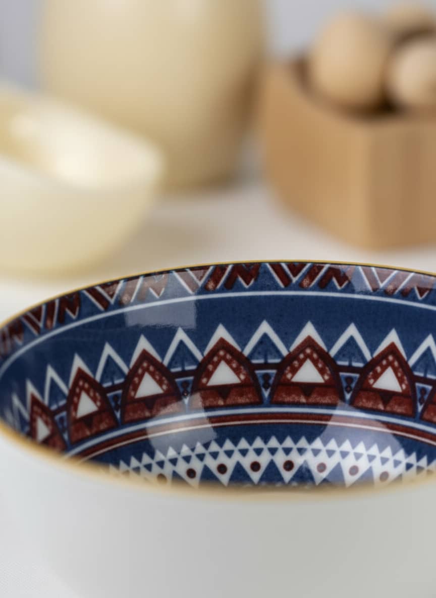 Close-up of the smooth, glazed interior and durable gold rim on a bohemian-style porcelain bowl.
