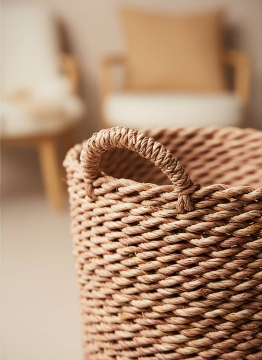 Close-up of the thick, durable twist weave of a natural fiber storage basket, showing quality craftsmanship.