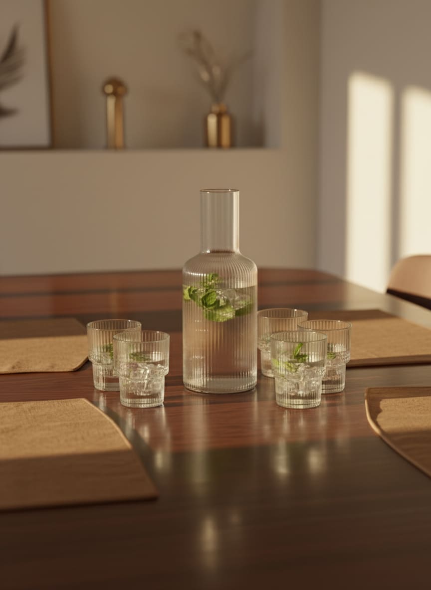 Timeless ribbed glass drinkware set with a carafe, adding a touch of modern sophistication to any dining table.
