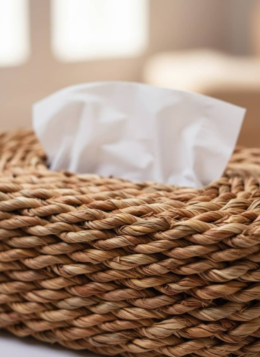 Close-up of the tight, durable braiding on a natural fiber tissue box cover, showcasing its high-quality craftsmanship.