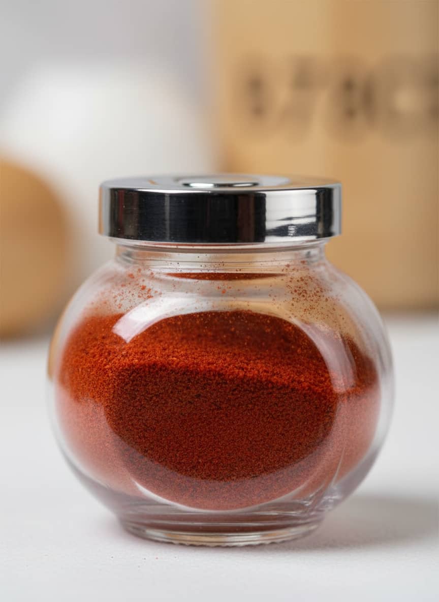 Close-up of the airtight stainless steel lid and clear, durable glass body of a 180ml spice jar.