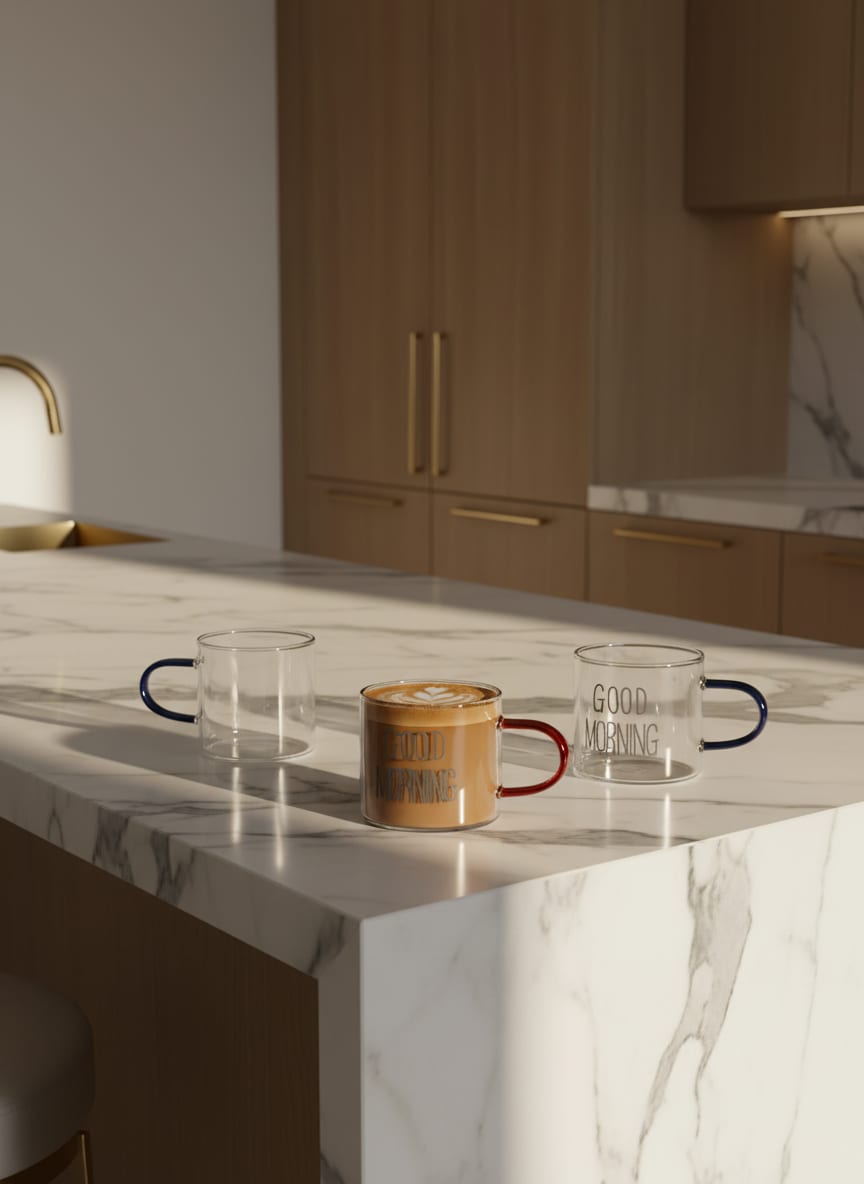 Elegant set of three premium borosilicate glass mugs with vibrant colored handles.