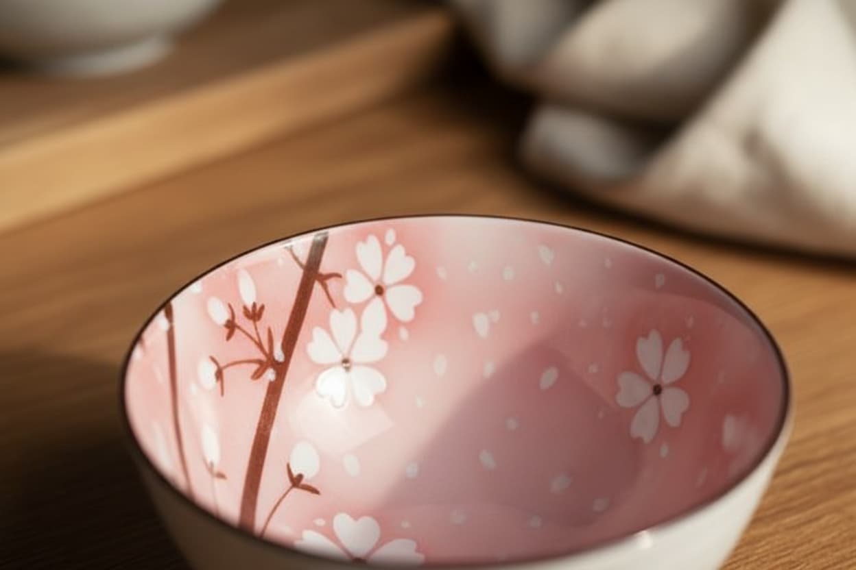 Close-up of the smooth, glazed interior and vibrant floral patterns on the durable porcelain bowls.