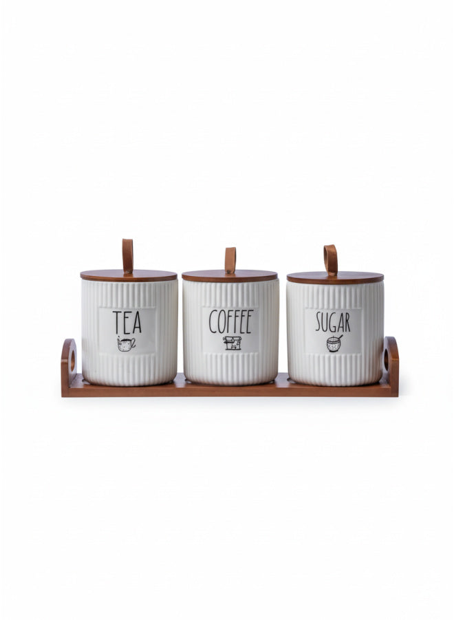 porcelain Canister Set for Tea, Coffee & Sugar with Wood Lids - Kitchen Organizer
