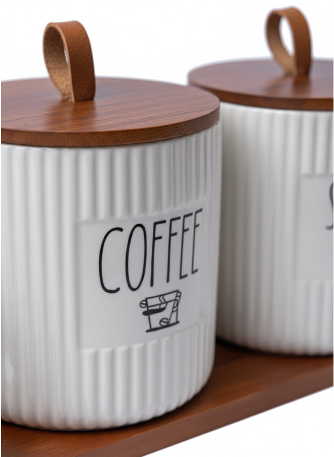 porcelain Canister Set for Tea, Coffee & Sugar with Wood Lids - Kitchen Organizer
