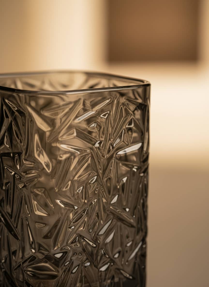 Close-up of a chip-resistant tempered glass cup showing the intricate geometric pattern and quality smoke finish.