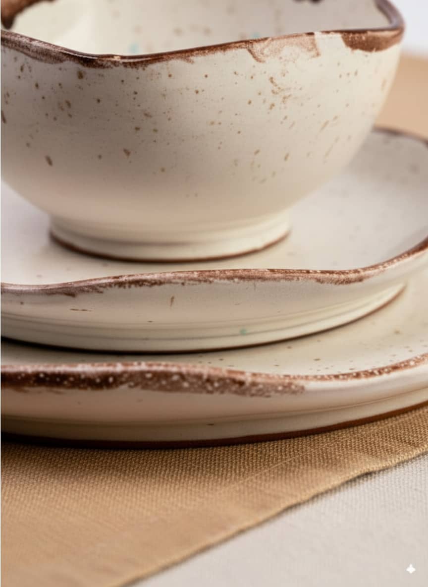 Close-up of the durable, textured brown rim on a cream speckled stoneware bowl.