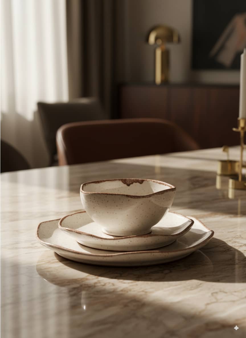 Artisan-crafted cream dinnerware with unique speckled glaze and organic shaped rims.