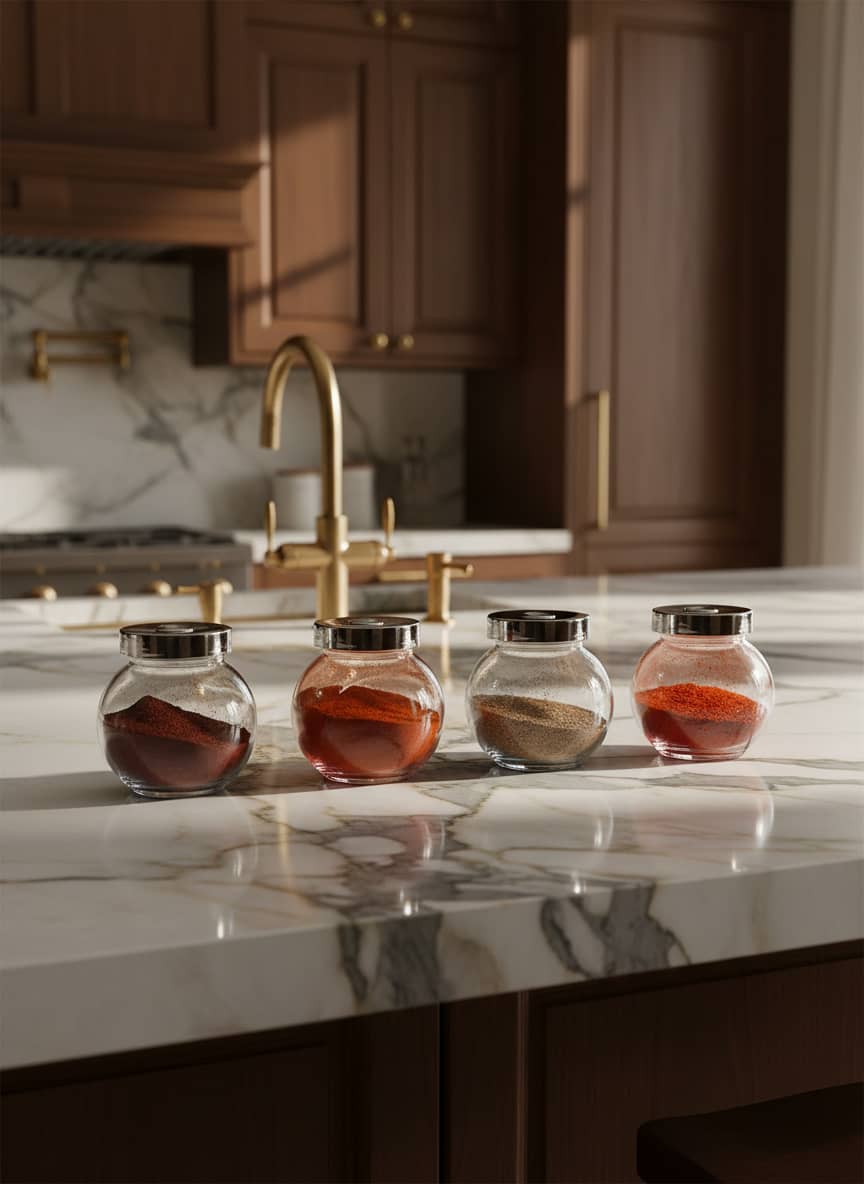 Elegant and modern round glass spice containers with polished stainless steel lids for a premium kitchen aesthetic.